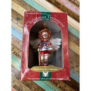 Vintage Blown Glass Y2K Christmas Treasures 5” Angel at Bat Baseball ornament